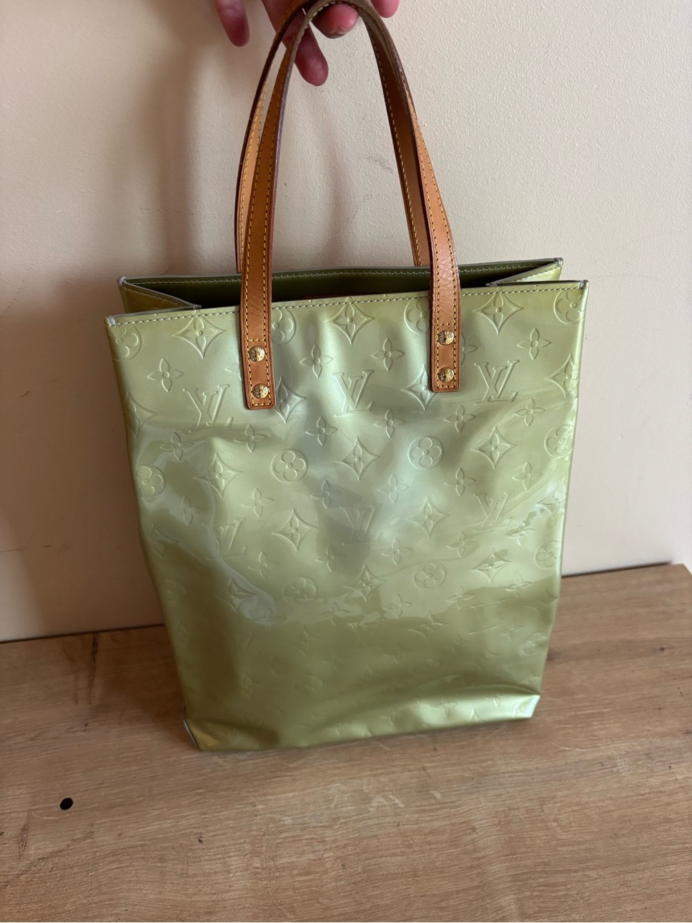 Louis Vuitton Light Green Vernis Tote with Tan Handles